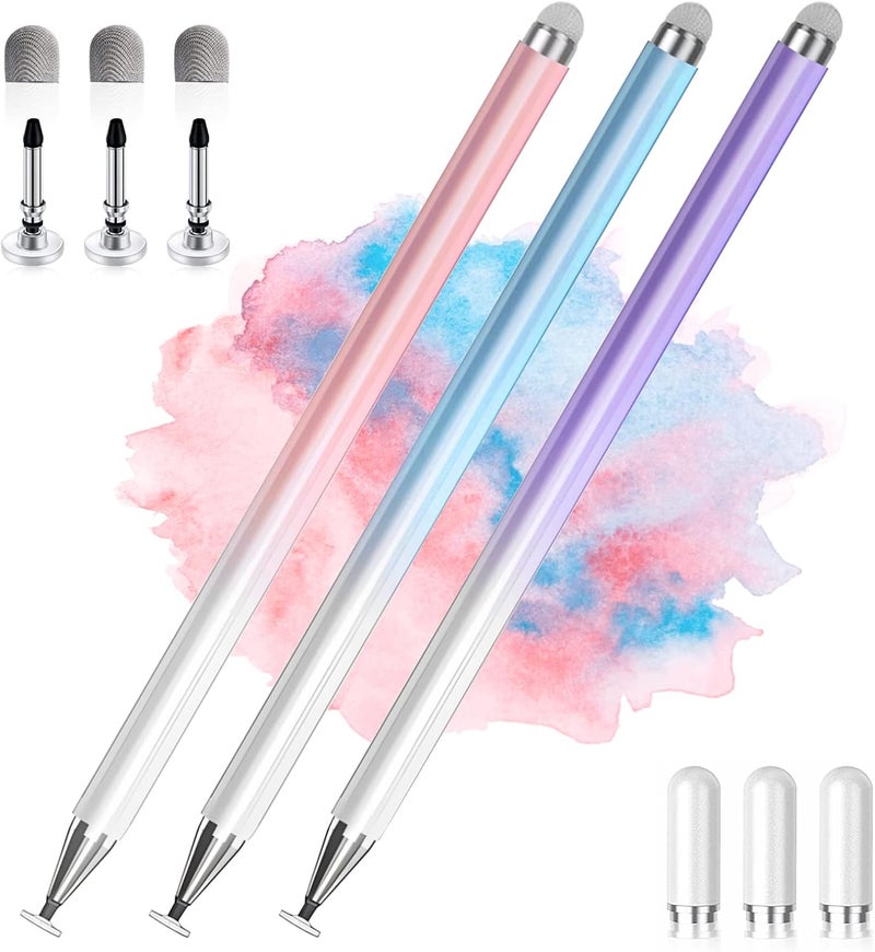 AmberVec Stylus Pens for Touch Screens, 2 in 1 High Precision Universal Stylus Pen for iPad Compatible with Apple, iPhone, iPad, Android, Microsoft Tablets, Phones, 3 Pack-Blue, Pink, Purple - Image 1